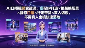 AI口播视频实战课：虚拟IP打造×换装换场景×静态口播×行走带货×双人访谈，不用真人出镜快速落地